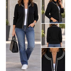 NWT Vila Milano Black Rhinestone Cardigan Sweater Jacket Zip Up Womens XL